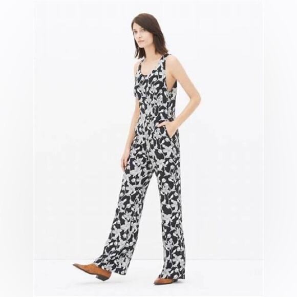 Sandro Paris Black White Floral Print Paradise Sleeveless Jumpsuit Size 4 - Picture 2 of 9